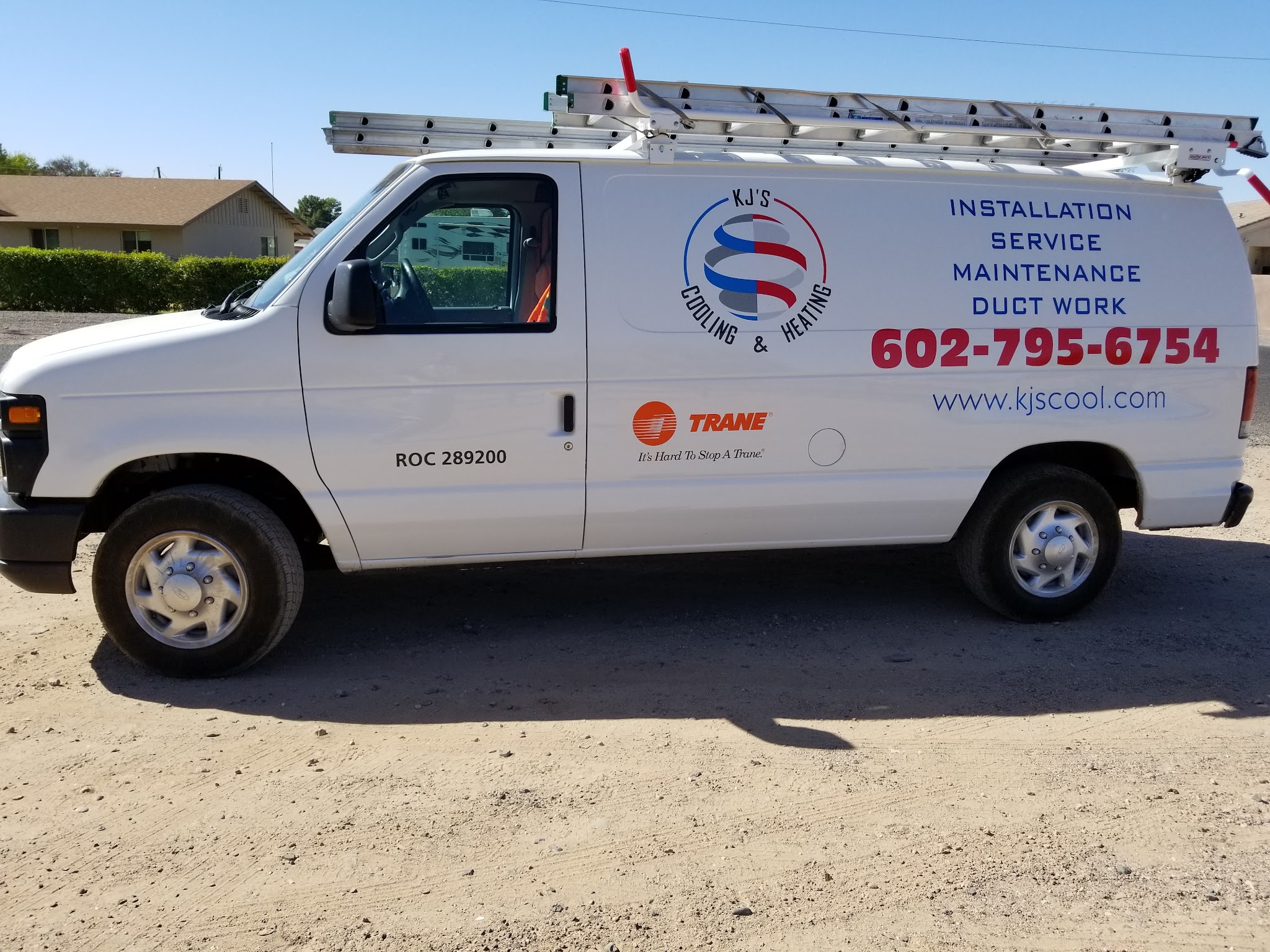 KJ's Cooling & Heating van showing installation, service, maintenance and duct work